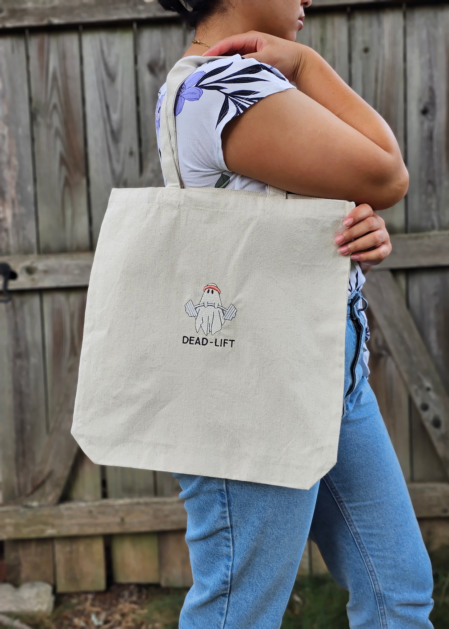 Dead Lift Ghost Embroidered Tote Bag